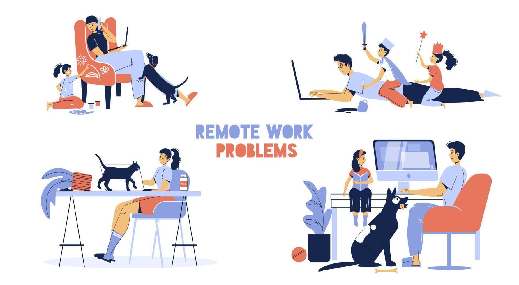 Remote work problem home office disadvantage set vector