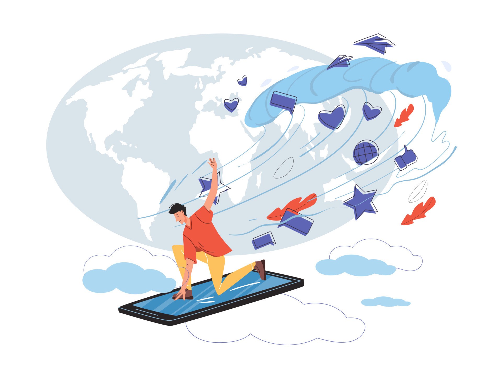 Flat cartoon character surfing vector illustration concept