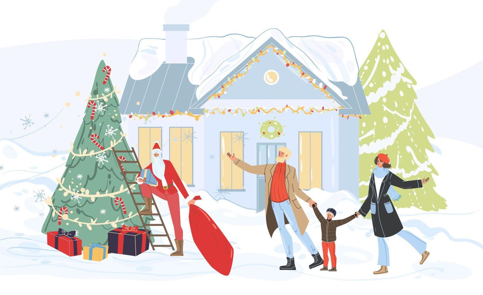 Flat cartoon characters and Santa Claus happy holidays concept vector