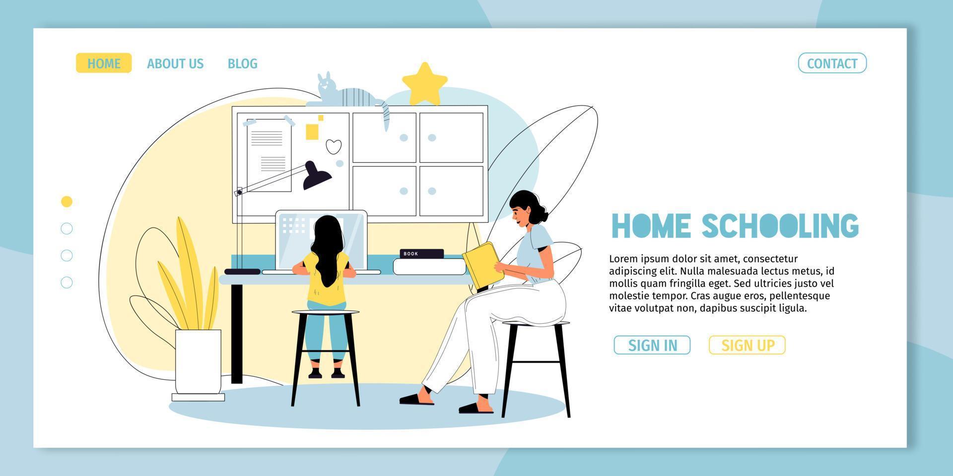 Home schooling e-learning for kid landing page vector