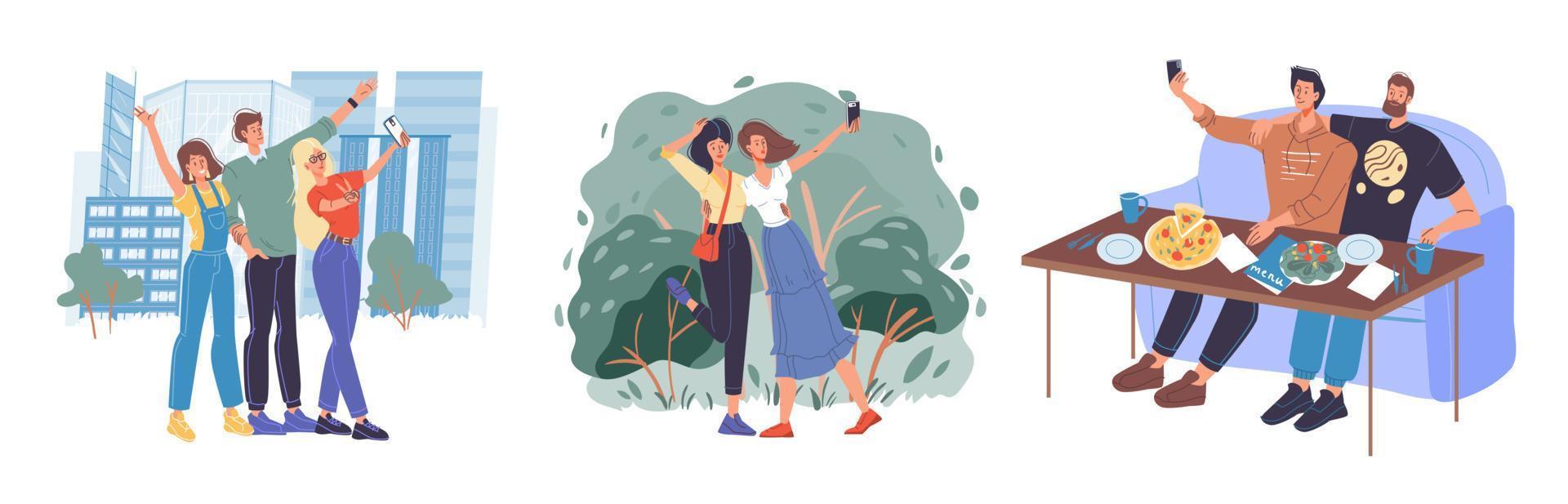 Friends taking selfie photo by mobile camera set vector