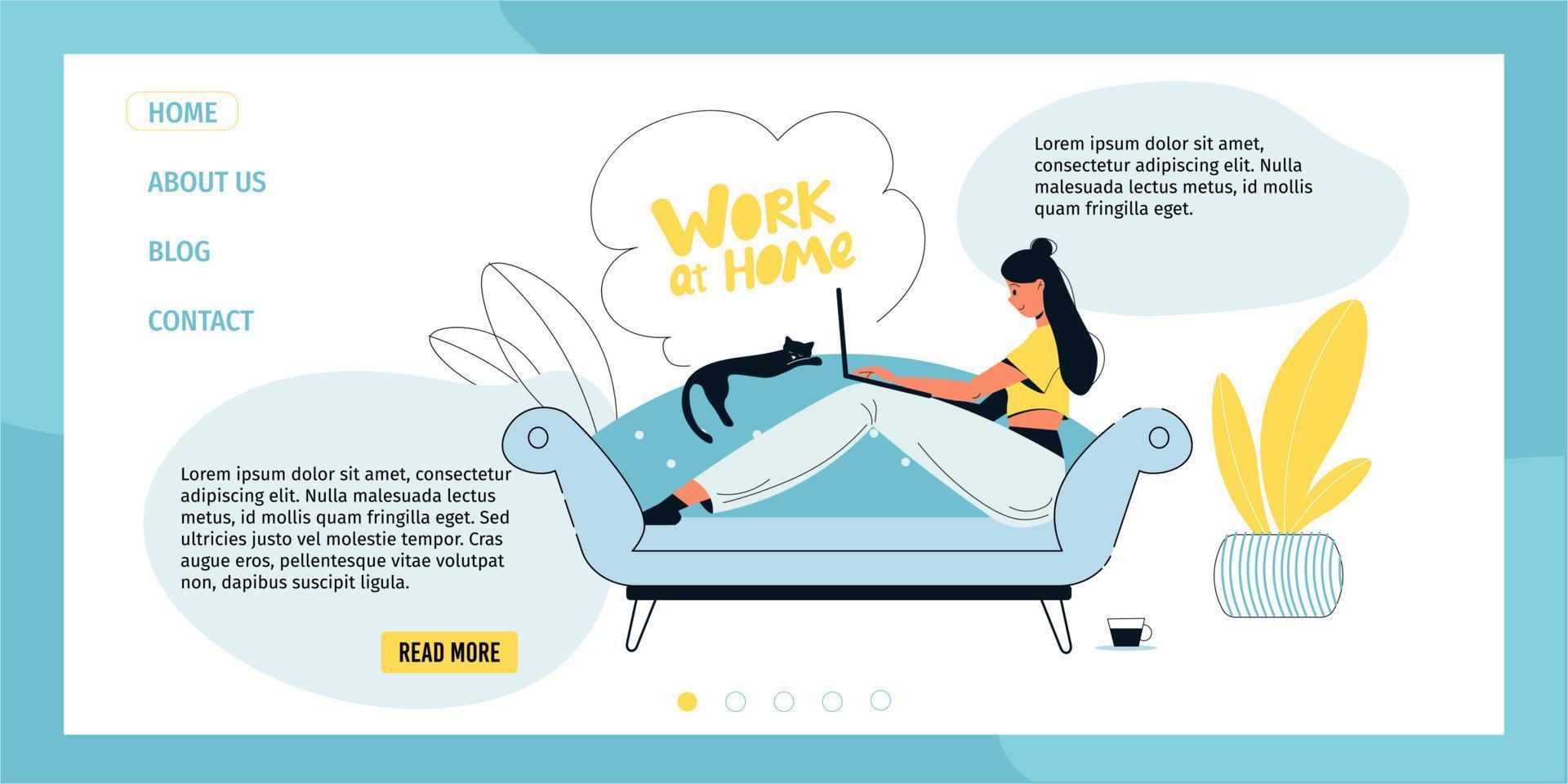 Woman enjoy freelance work at home landing page vector