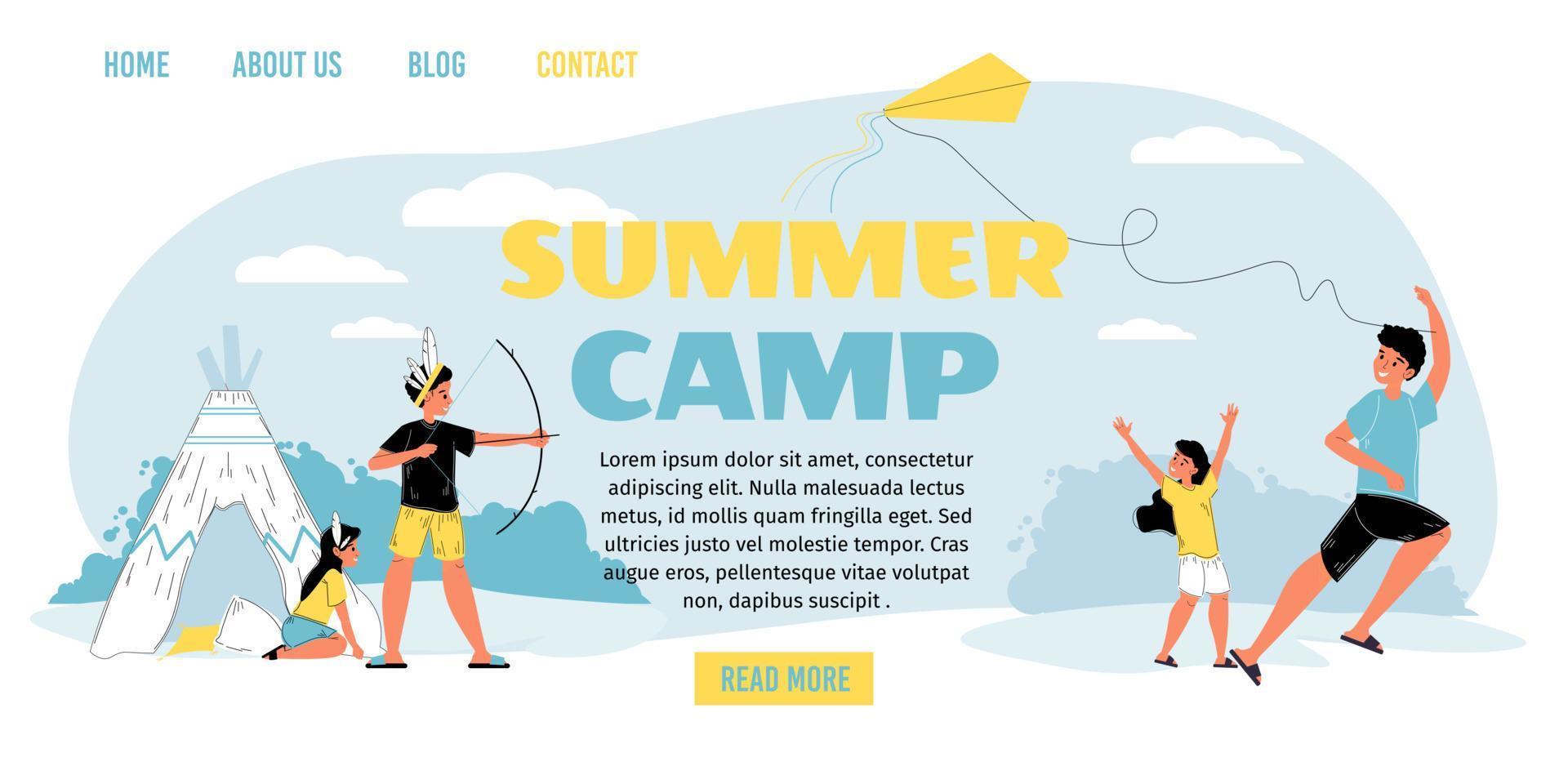 Recreation for kid at summer camp landing page vector