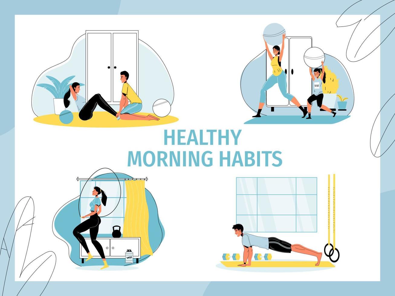 Healthy people morning habits workout activity set vector