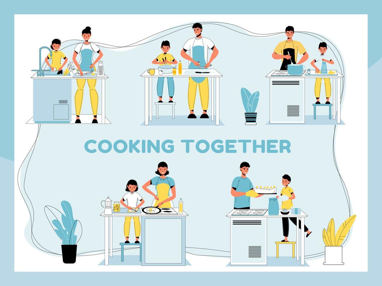 padres e hijos cocinando comida juntos en casa vector