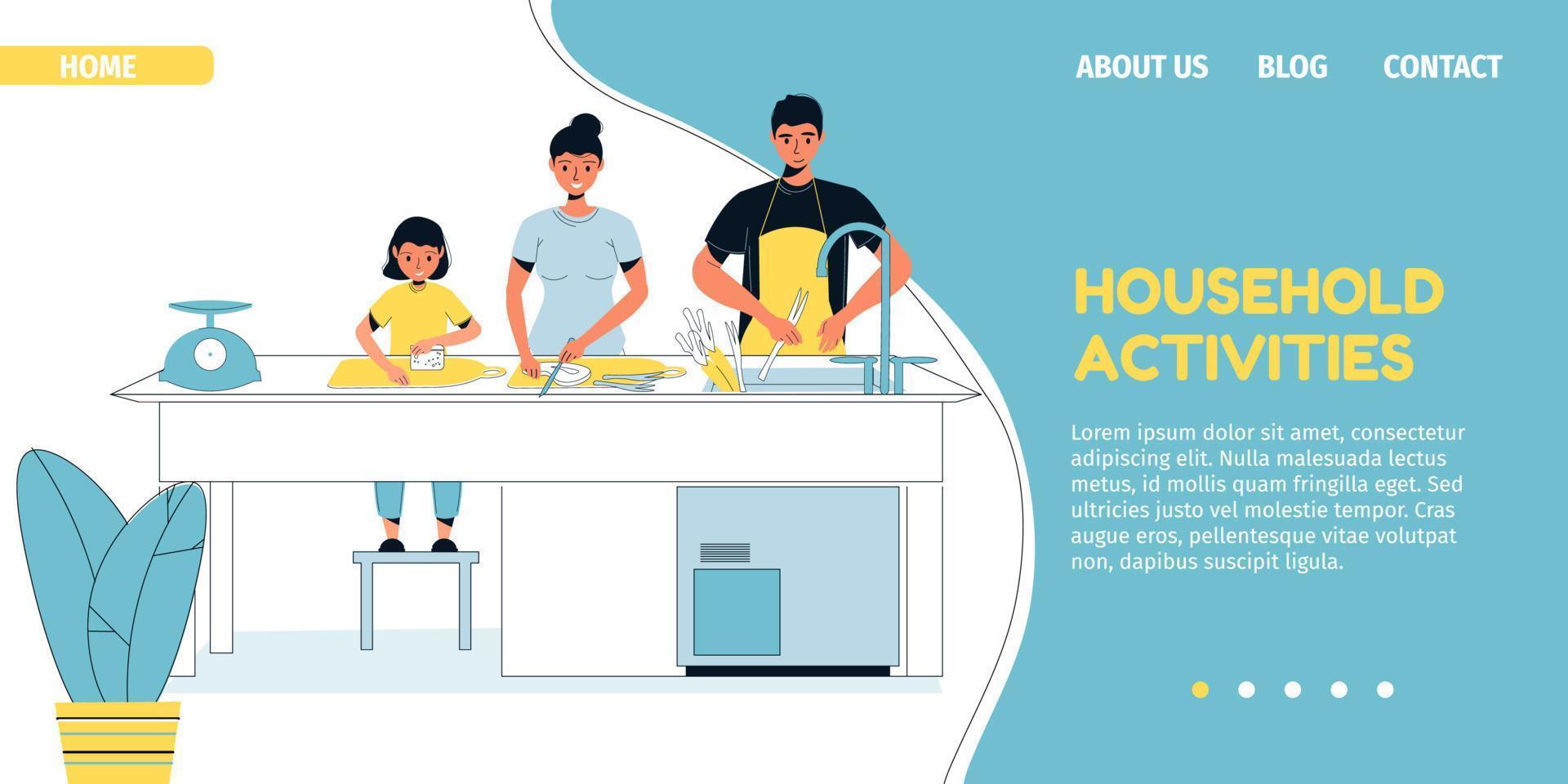 Family household activity on kitchen landing page vector
