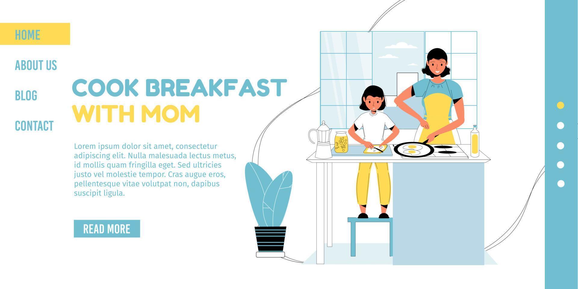 mamá hija cocina el desayuno juntos página de destino vector