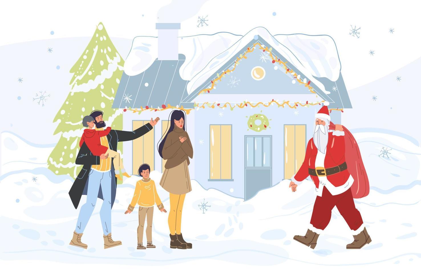 Happy family meeting santa claus at house yard vector