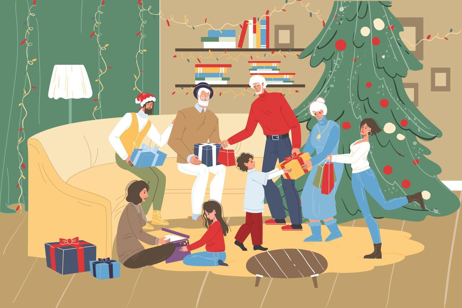 Family christmas present gift box exchange scene vector