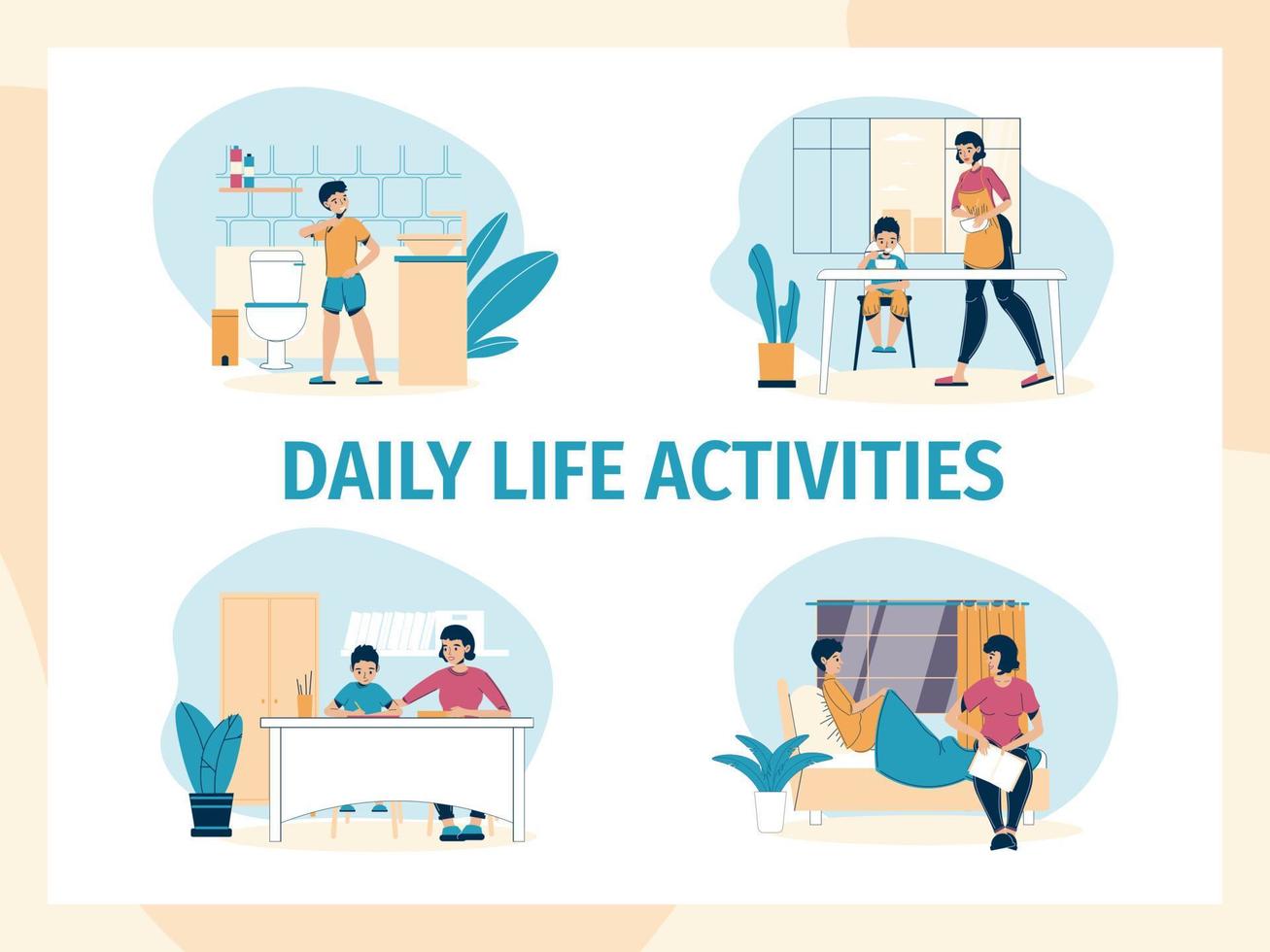 Mother son daily life family activity at home set vector