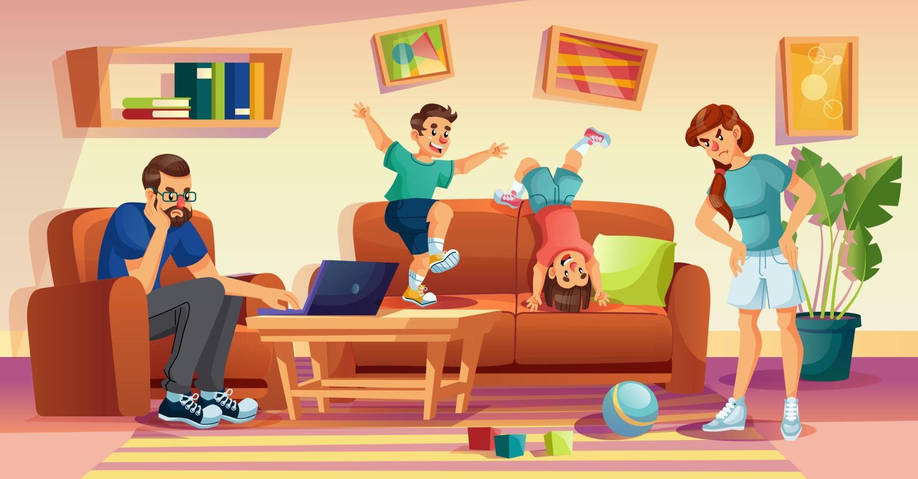 Angry mother, annoyed father, naughty kids at home vector
