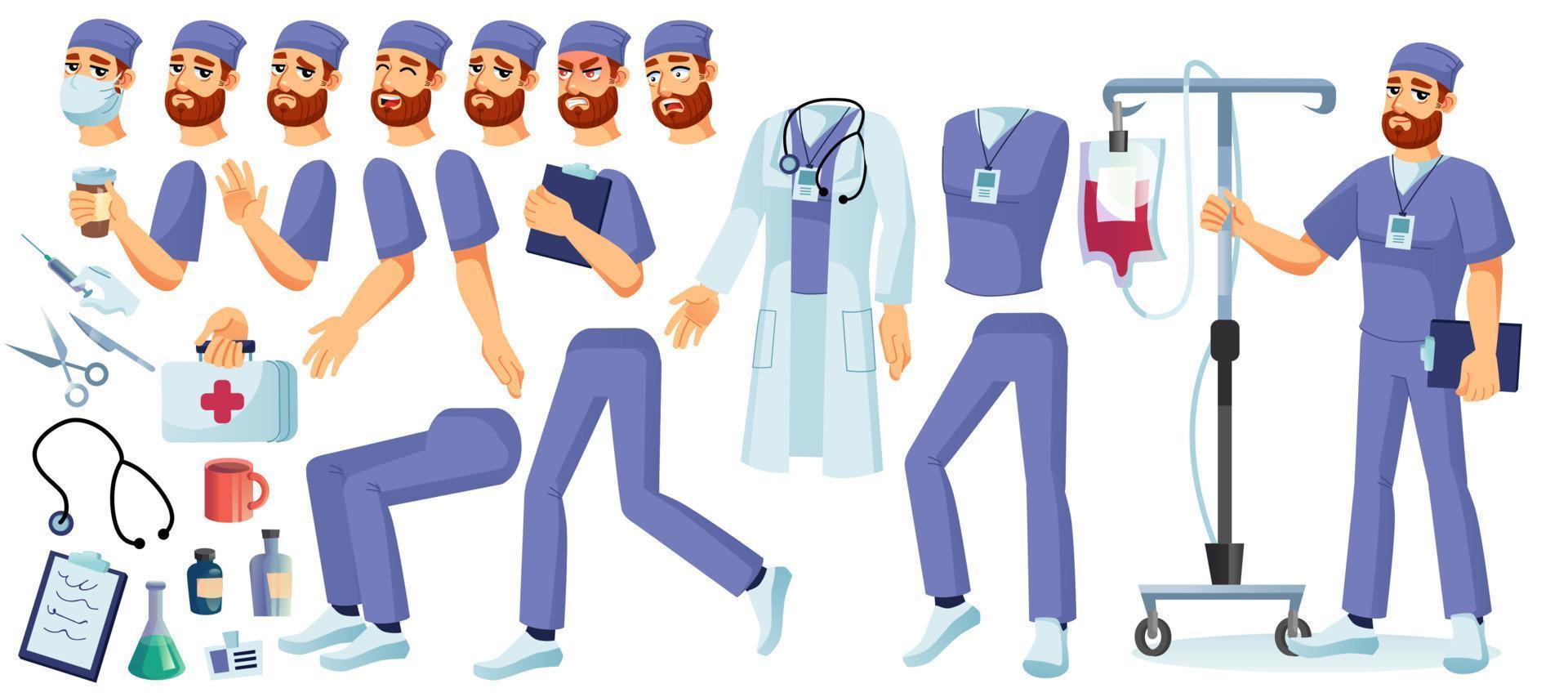 Doctor surgeon animated character creation set vector