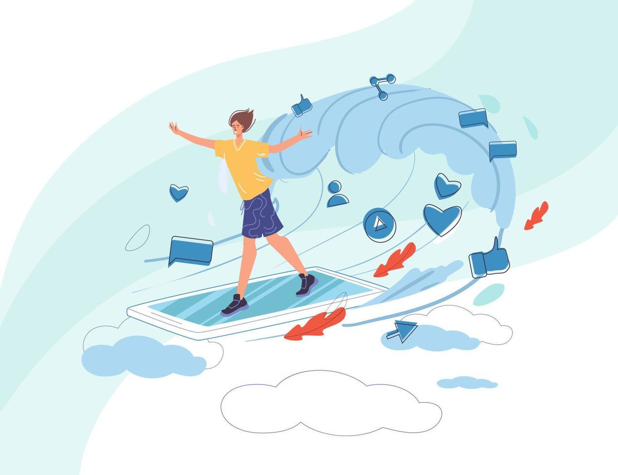 Flat cartoon character surfing internet, vector illustration concept