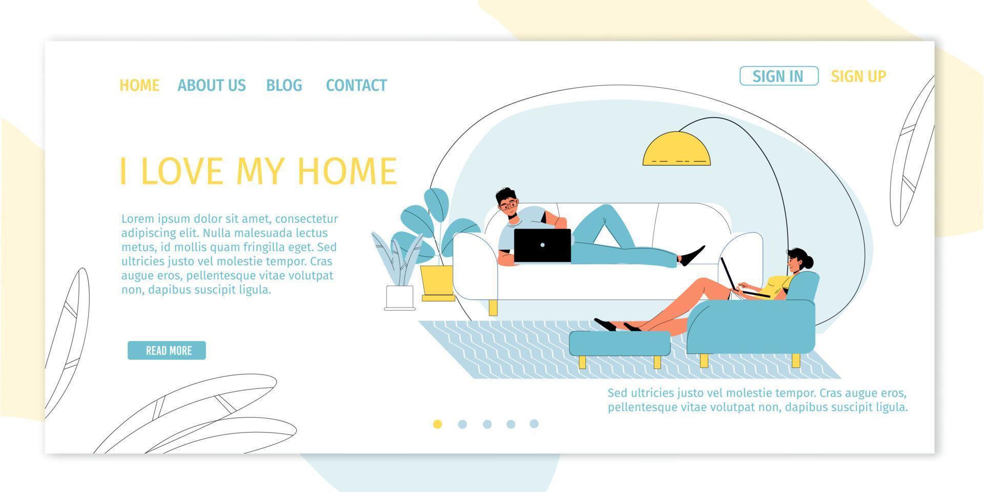 Freelancer family at home office landing page vector