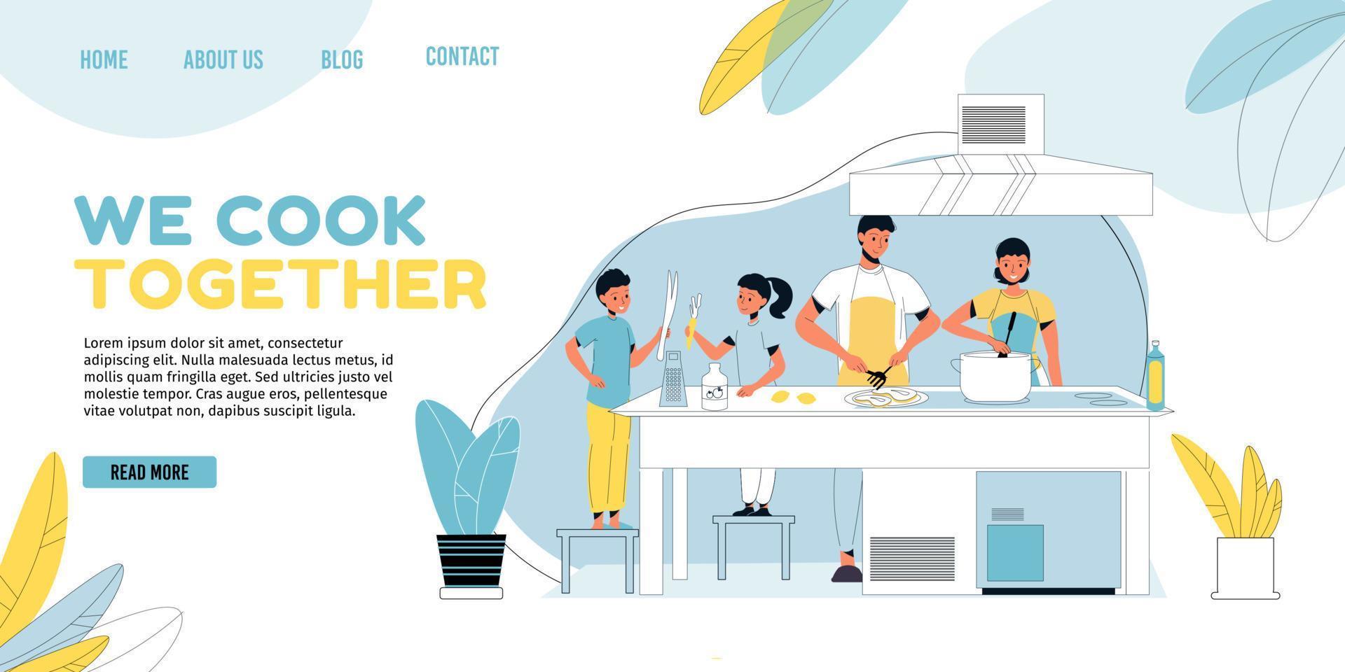 Happy family member cooking landing page template vector