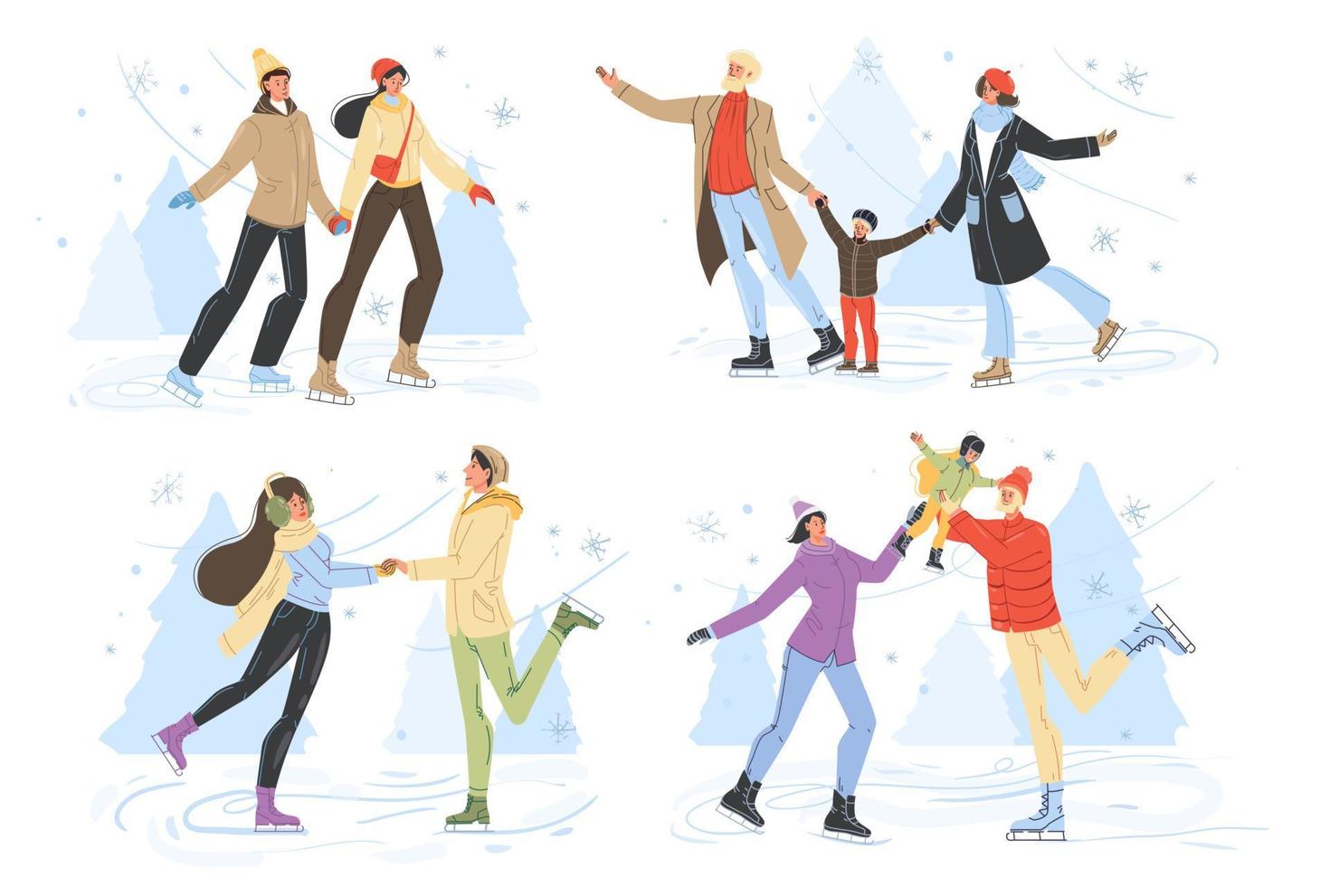 gente, patinaje sobre hielo, en, pista, familia, invierno, escena, conjunto vector