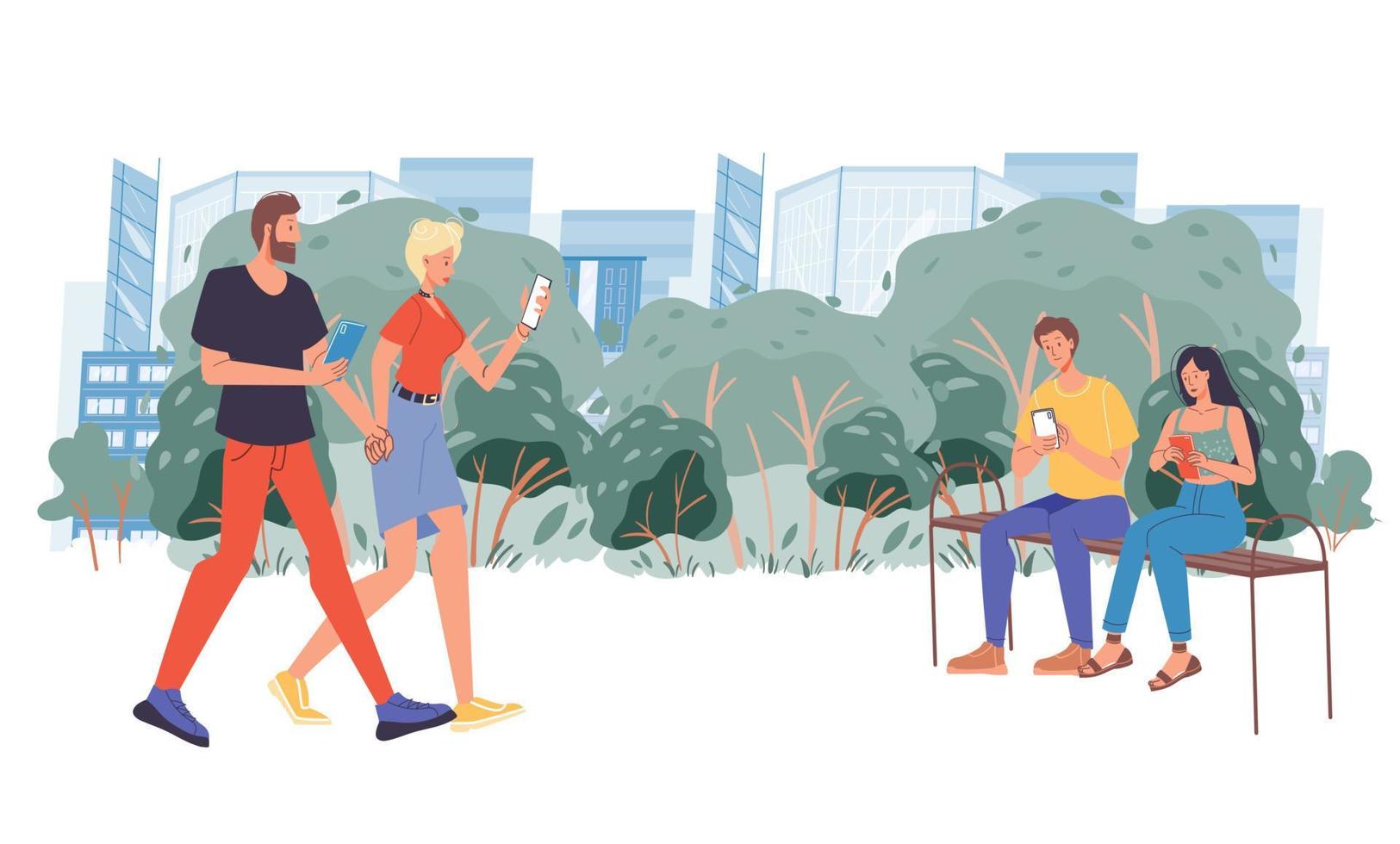 People holding smartphone in park mobile addiction vector