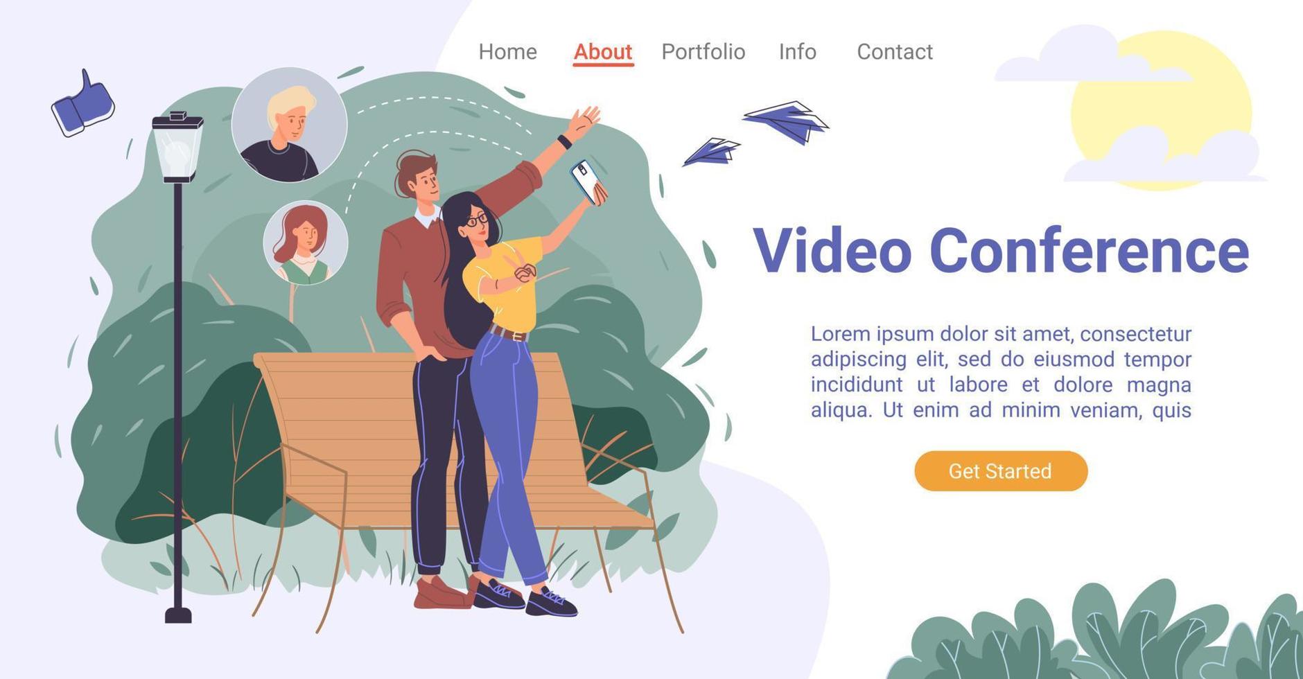 Mobile app for video conferencing landing page vector