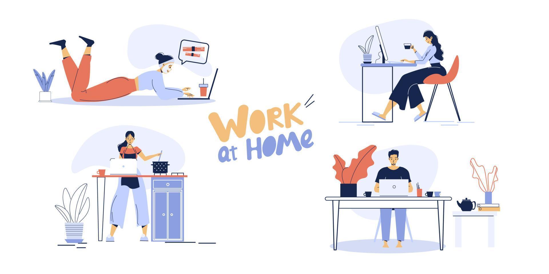 trabajo remoto en línea desde casa, conjunto de tareas domésticas vector