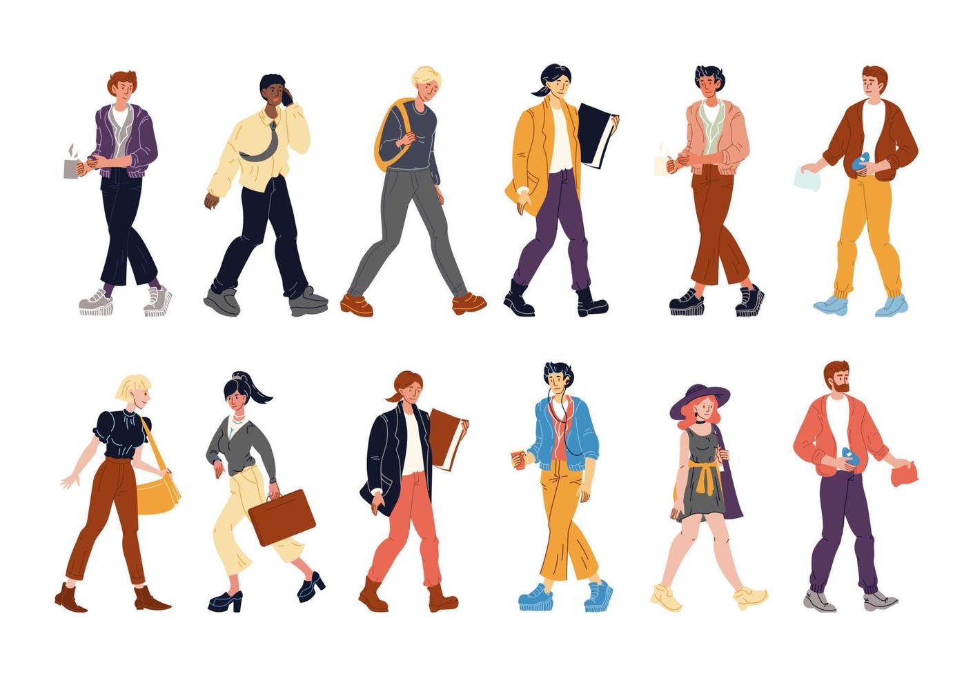 diversas personas multiétnicas caminando conjunto aislado vector