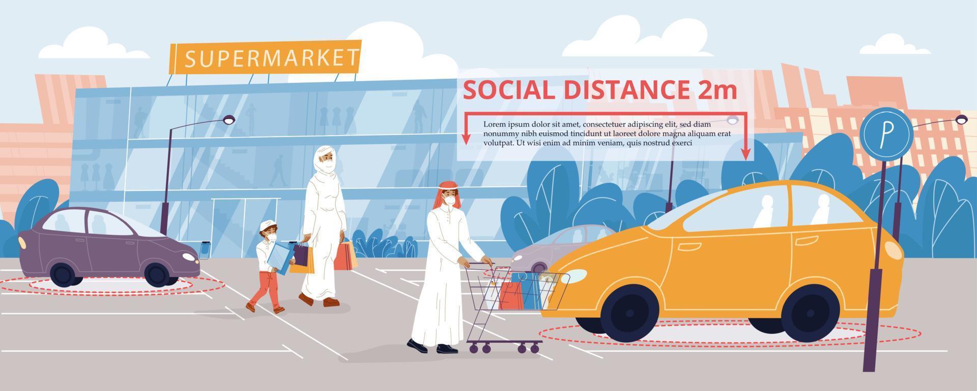 distancia social de dos metros en el estacionamiento del mercado vector