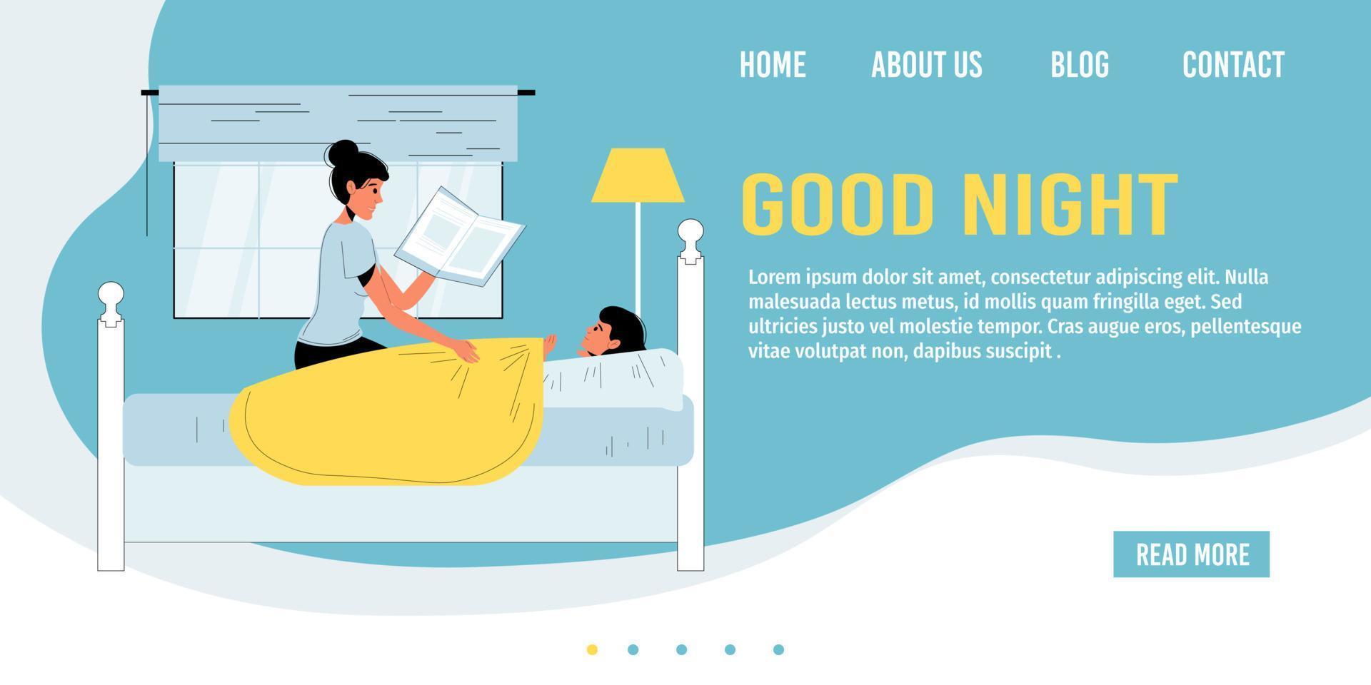 Mother read fairytale to kid bedtime landing page vector