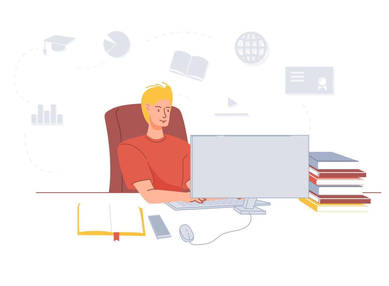 Young man studying using laptop online education vector