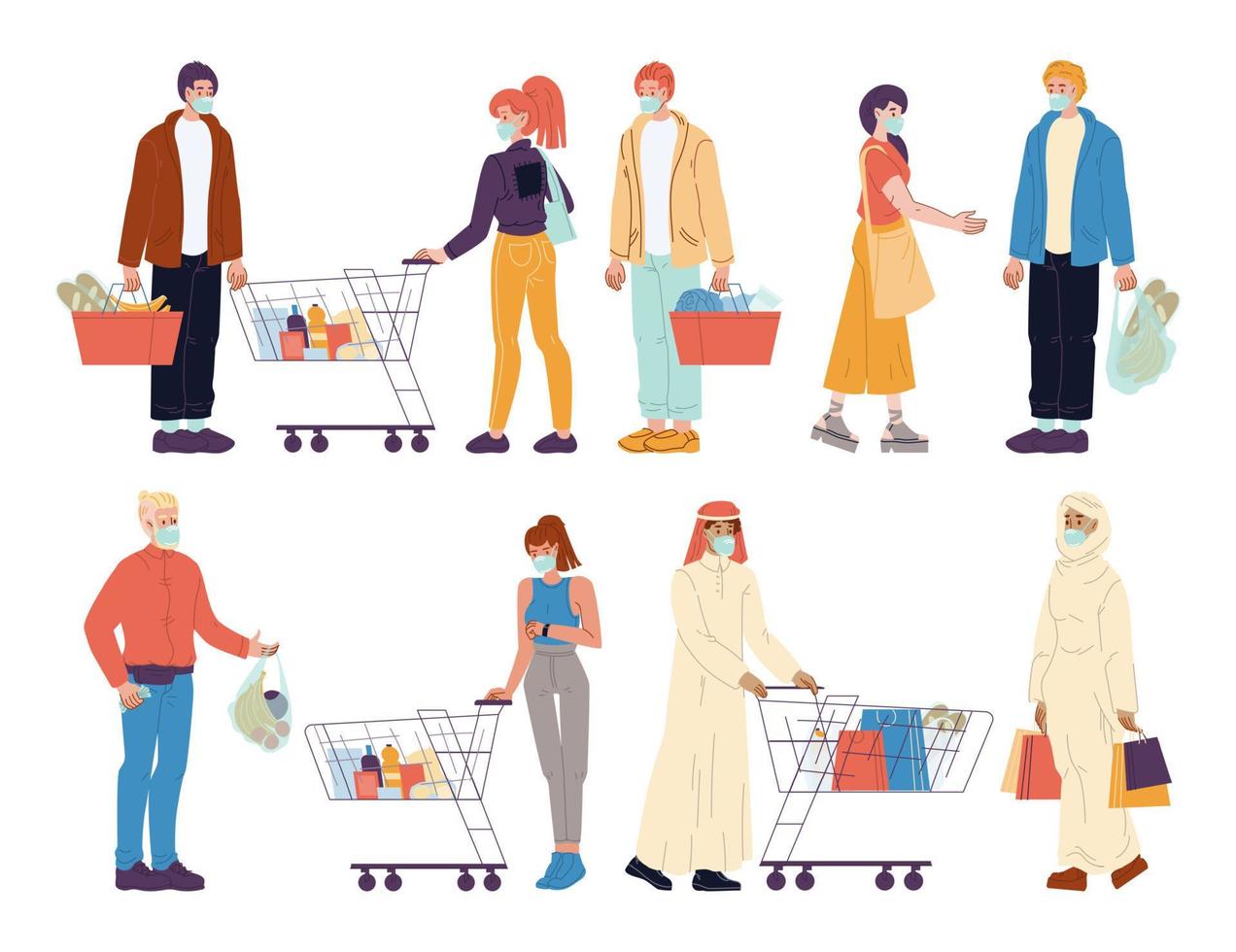 People shopper wearing protective face mask set vector