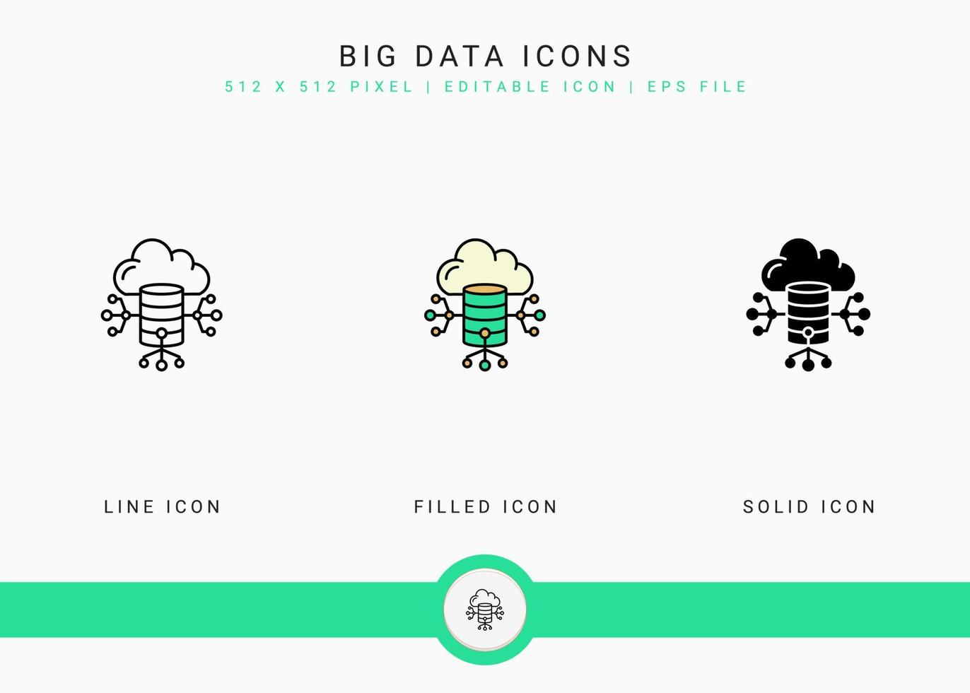 Big data icons set vector illustration with solid icon line style. Cloud database concept. Editable stroke icon on isolated background for web design, user interface, and mobile application