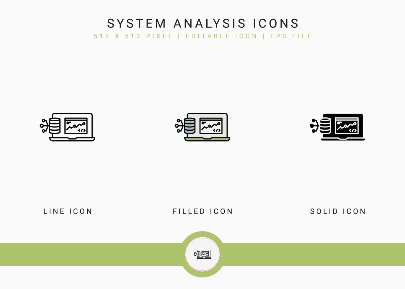 los iconos de análisis del sistema establecen una ilustración vectorial con un estilo de línea de icono sólido. concepto de software de base de datos. icono de trazo editable en un fondo aislado para diseño web, interfaz de usuario y aplicación móvil vector