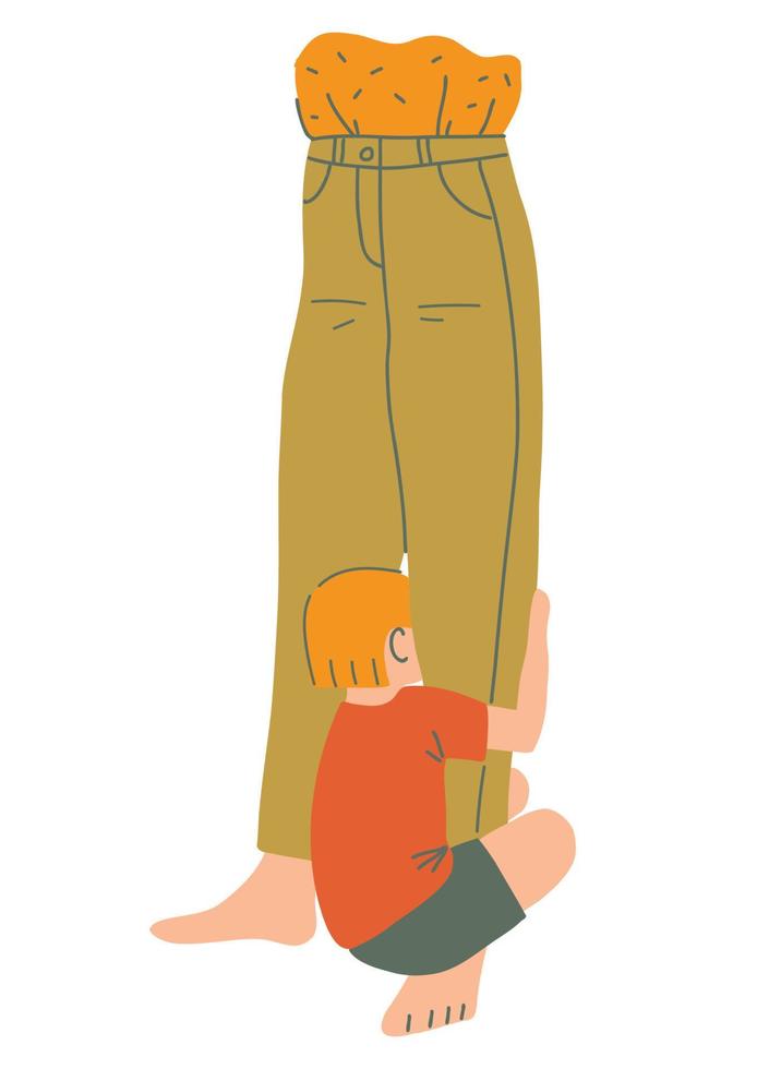 niño pequeño agarrado a la pierna de un padre vector