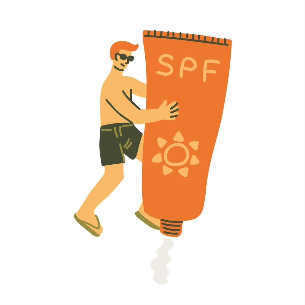 Male character with giant sunscreen tube vector