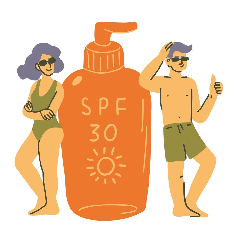 pareja con botella gigante de loción spf vector