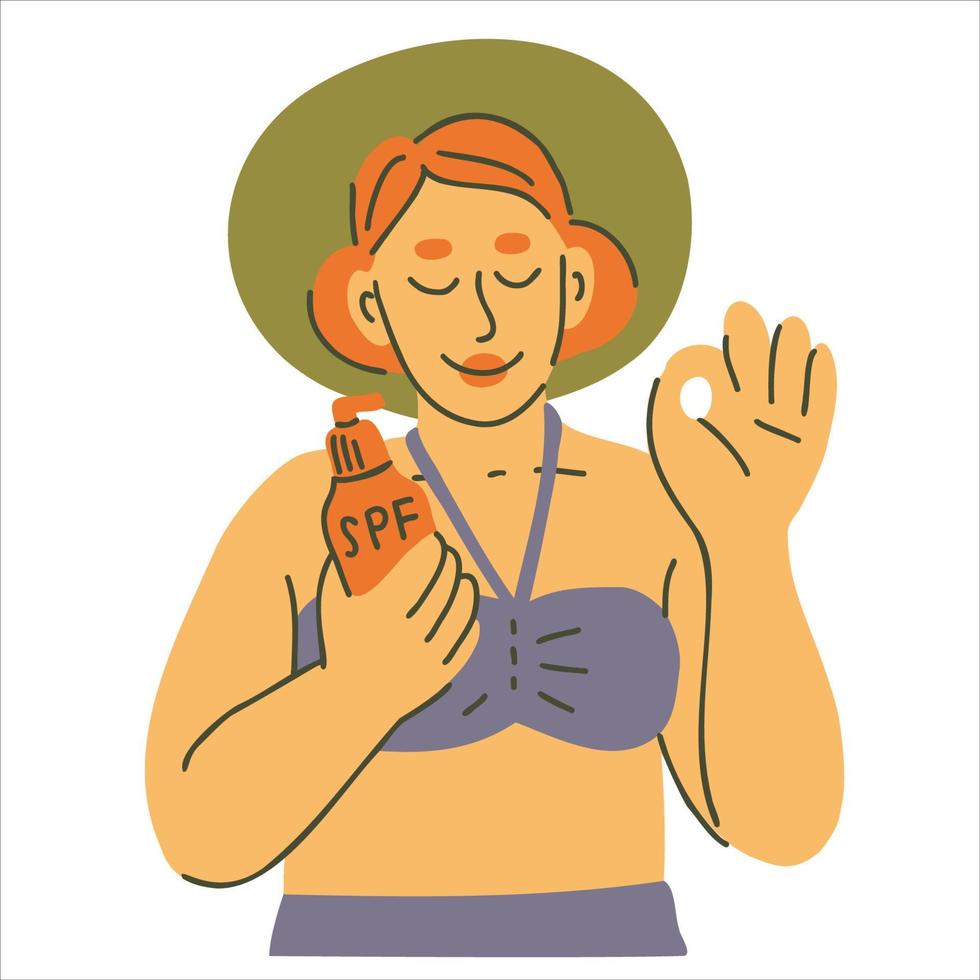 Young woman wearing sun hat and holding SPF bottle vector