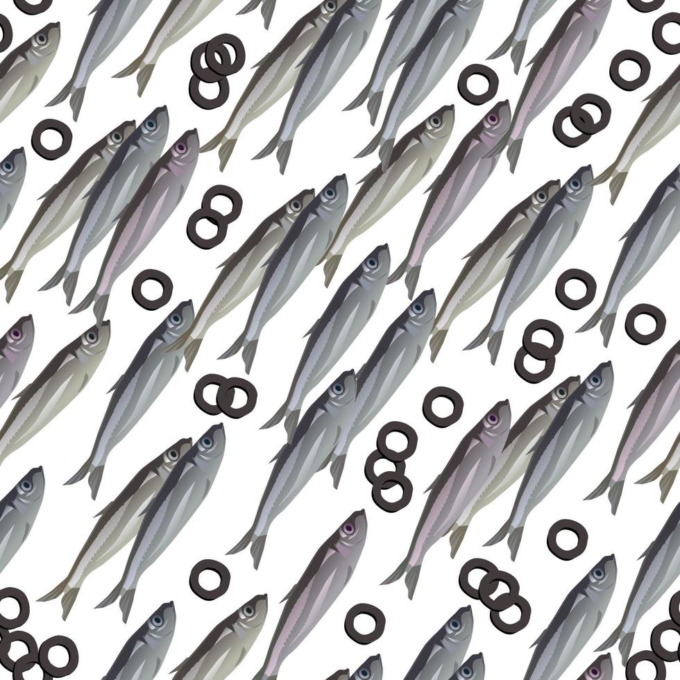 Pattern with fish and sliced olives. vector