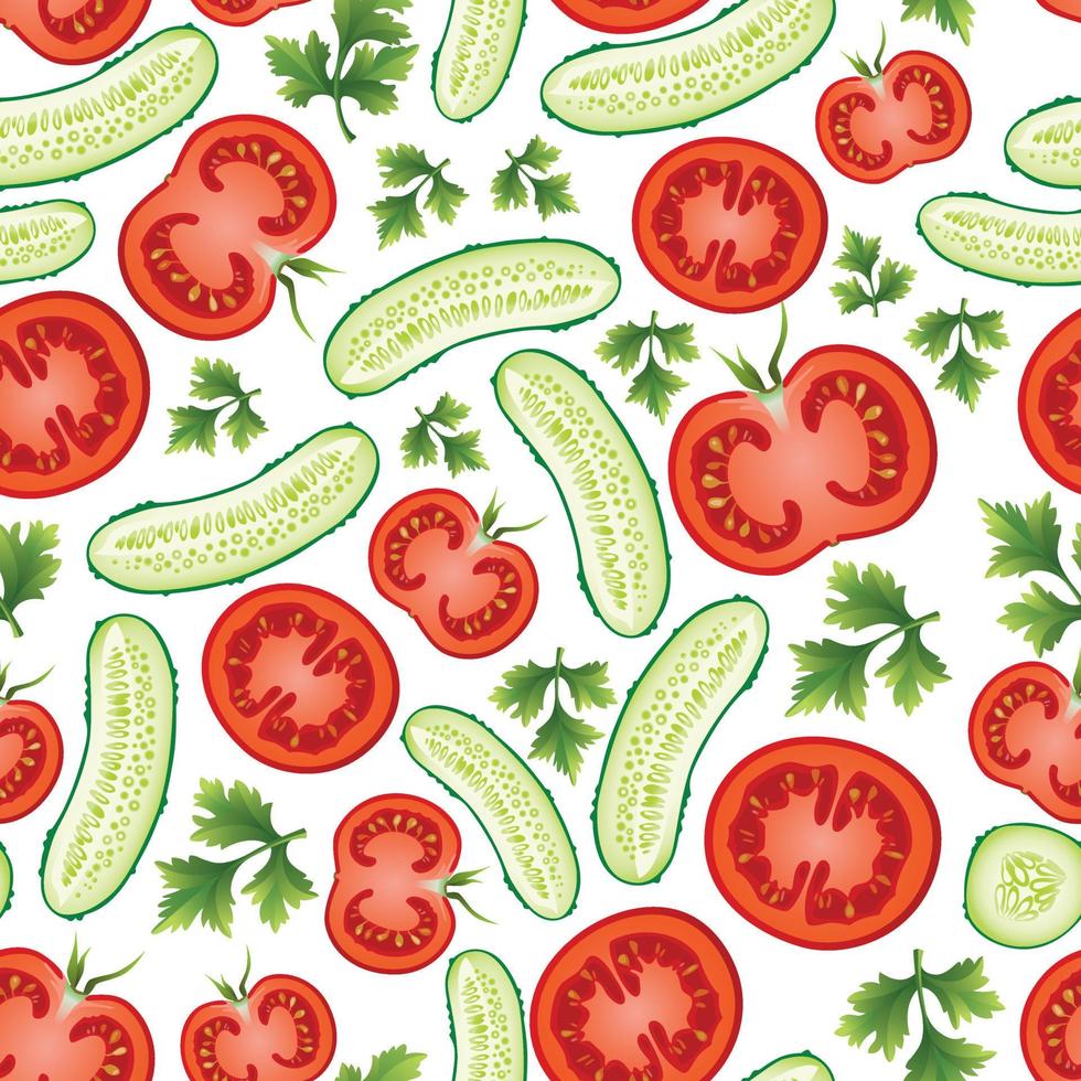 A pattern of cucumbers, tomatoes, and parsley. vector