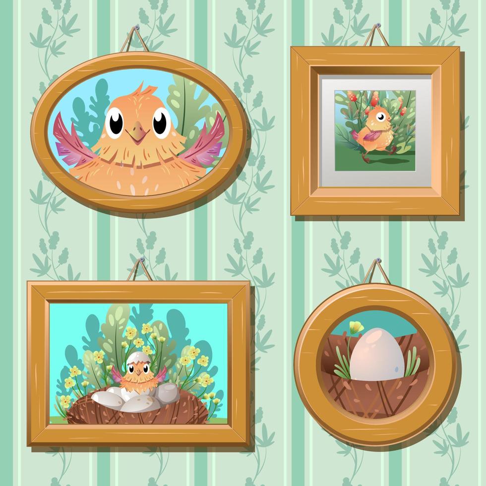 Portraits of a chicken on the wall. vector