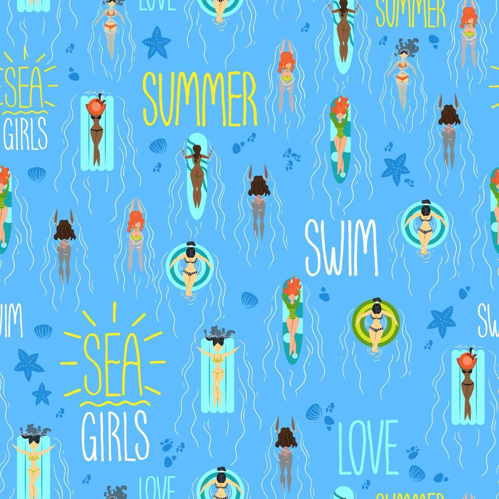 Pattern with floating girls. Vector illustration.