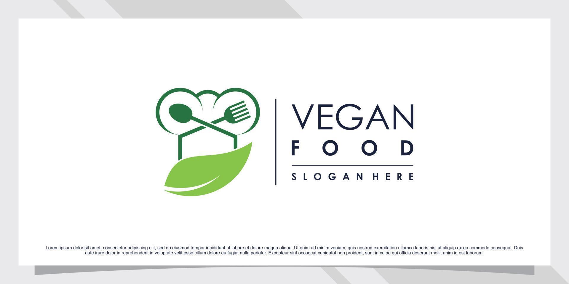 diseño de logotipo de restaurante para comida vegetariana con tenedor, cuchara y elemento de hoja vector