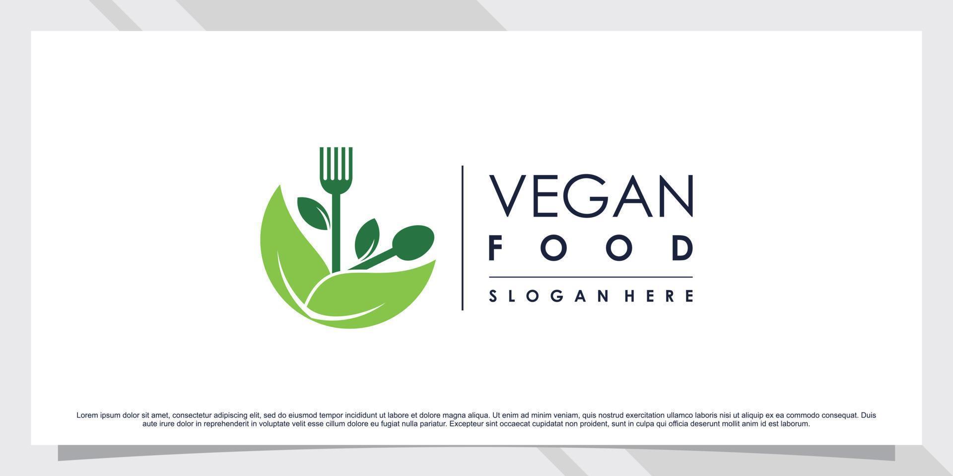 Restaurant logo design for vegetarian food with fork, spoon and leaf element vector