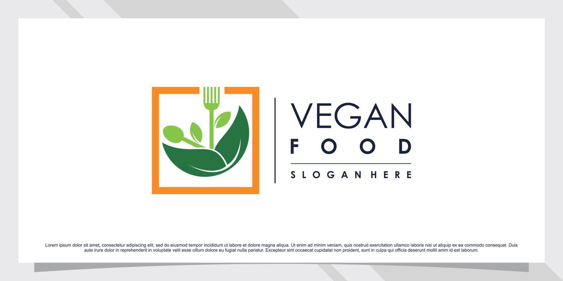 Restaurant logo design for vegetarian food with fork, spoon and leaf element vector