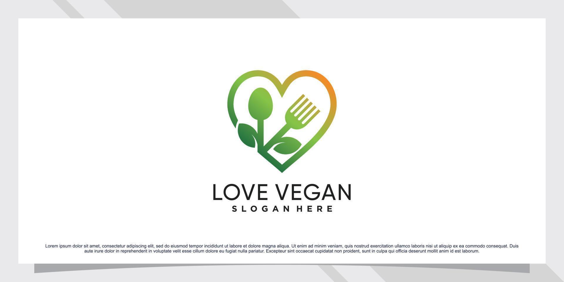 Vegan food logo design with love and creative element vector