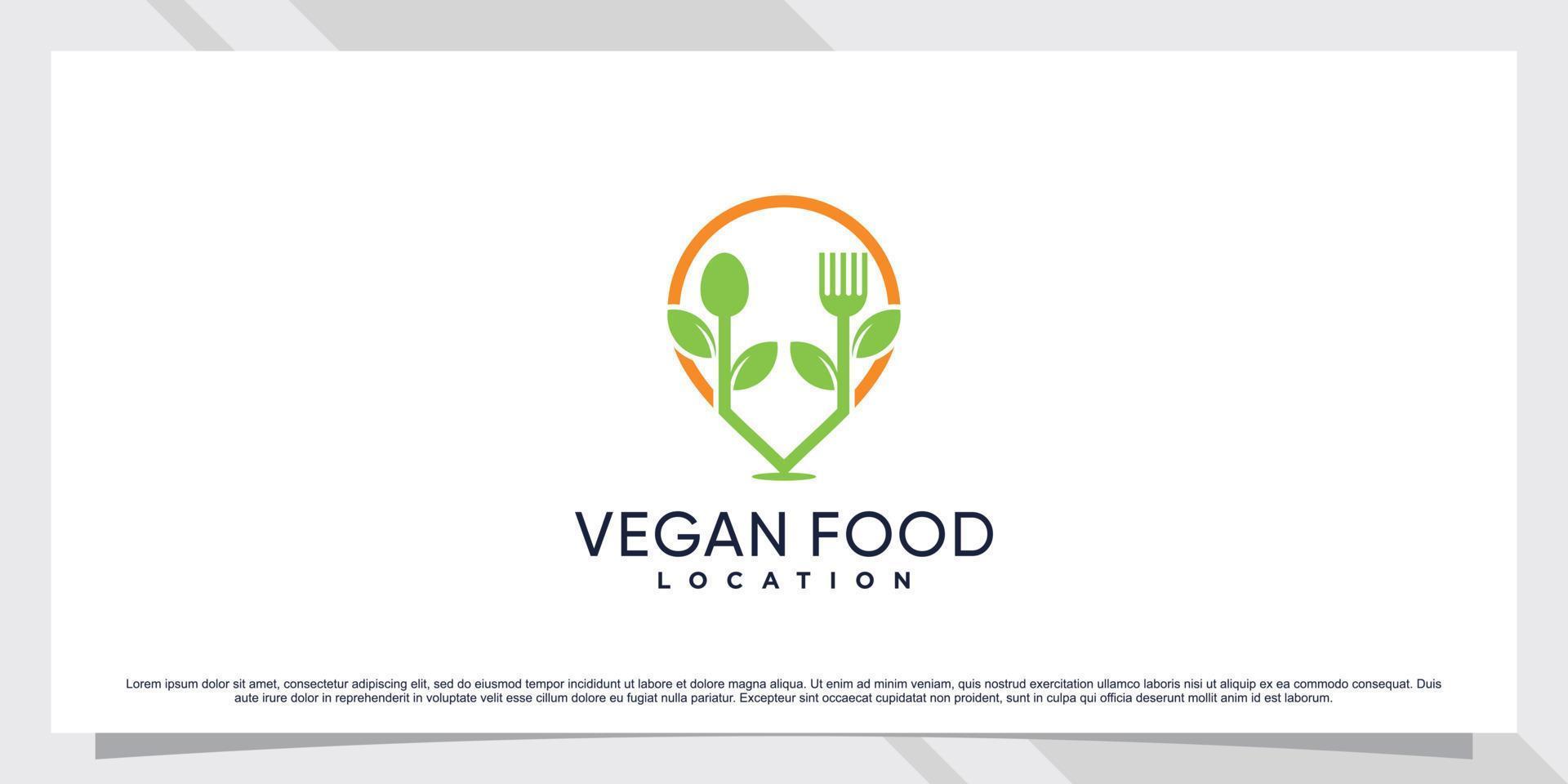 diseño de logotipo de ubicación de comida vegana con punto de alfiler y elemento creativo vector