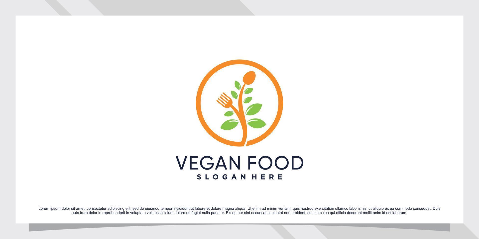 Restaurant logo design for vegetarian food with fork, spoon and leaf element vector