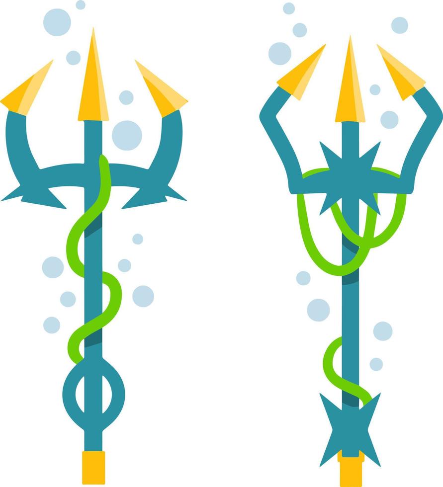 Poseidon Trident. Mythical object with algae and water bubbles. Blue gold magic rod. Cartoon flat illustration. The sea king weapon vector