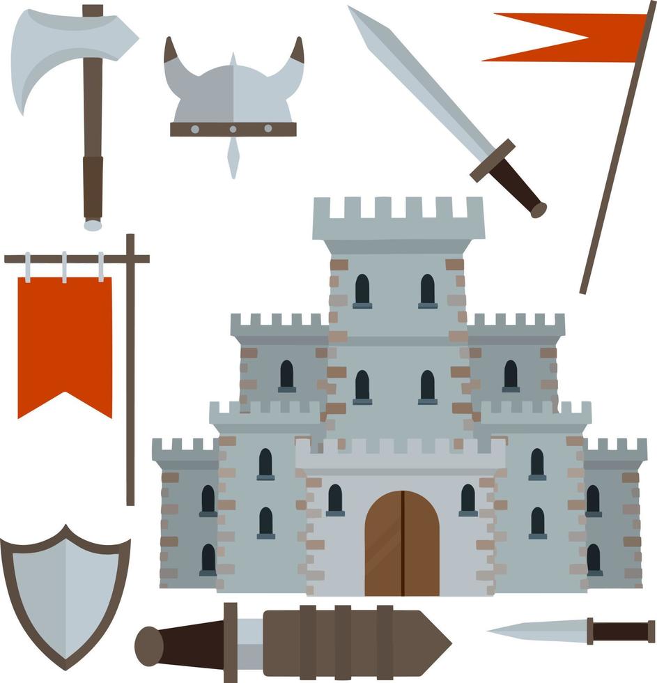 castillo medieval con torre, muralla, puerta, techo rojo. conjunto de armas antiguas de caballero - espada en vaina, flecha, escudo, bandera, hacha, daga. armaduras y armas históricas europeas. ilustración plana de dibujos animados vector