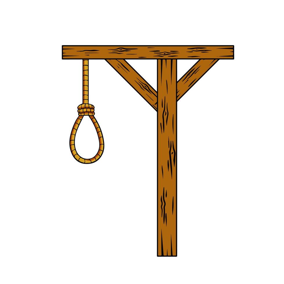 Gallows. Wooden structure for execution. Medieval justice. Place of death. Murder and punishment. Rope with a noose. Cartoon illustration vector