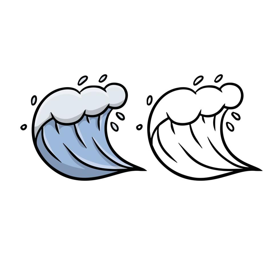 ola. Agua de mar. tormenta y la naturaleza del océano. ilustración de dibujos animados y croquis aislado en blanco. salpicadura y flujo de logotipo azul vector