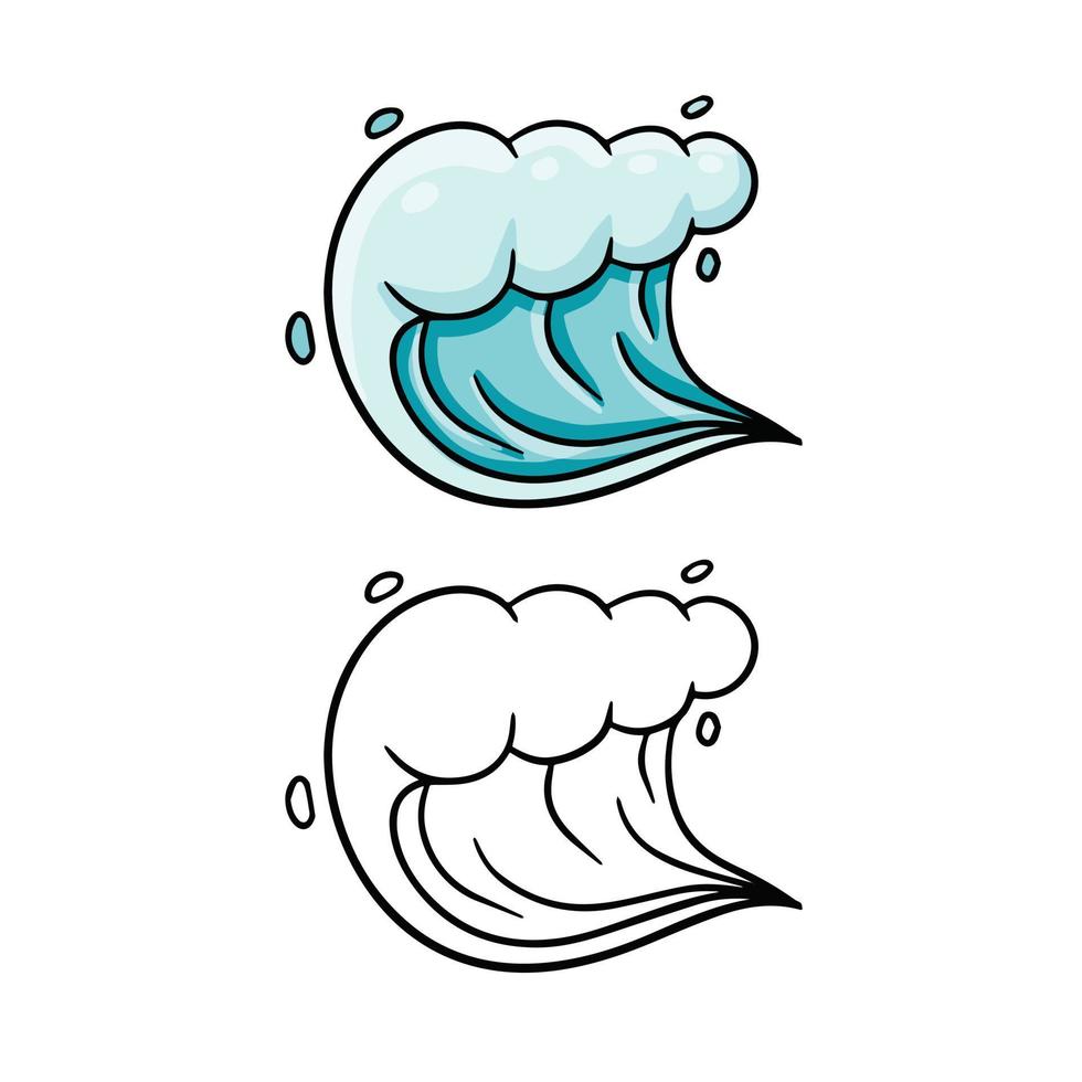 ola. Agua de mar. tormenta y la naturaleza del océano. ilustración de dibujos animados y croquis aislado en blanco. salpicadura y flujo de logotipo azul vector