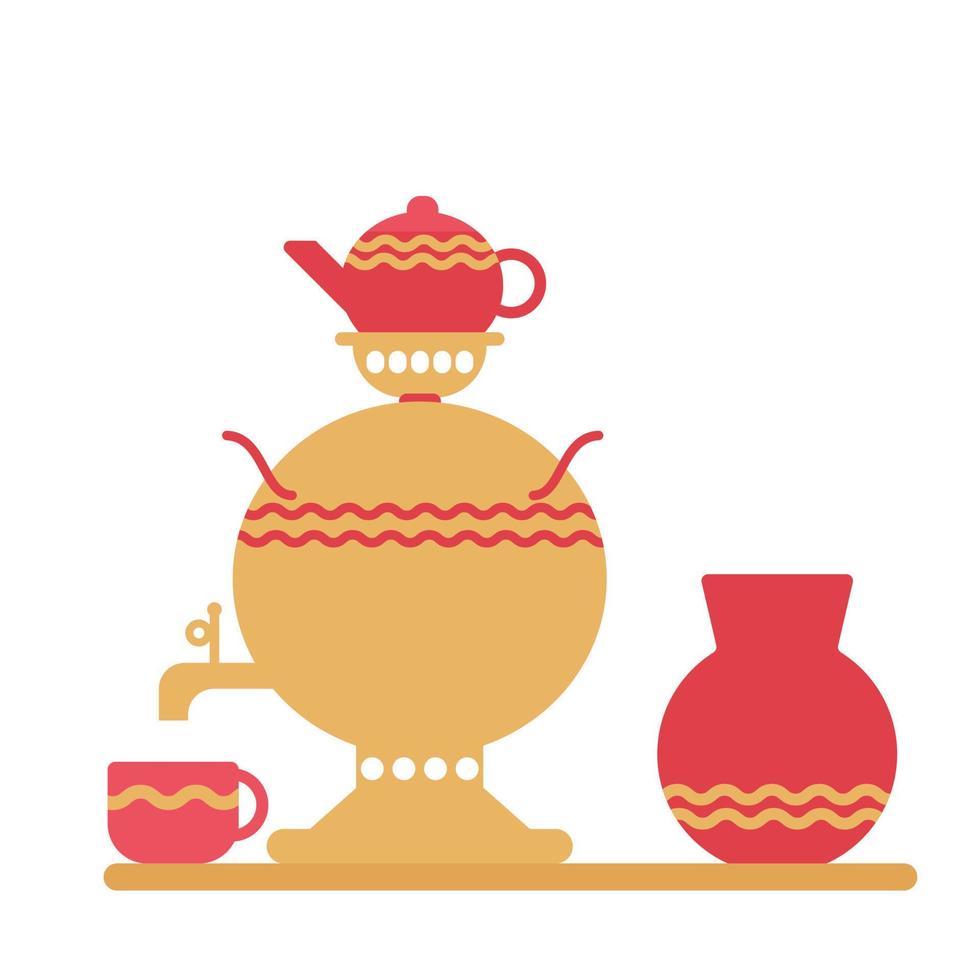 samovar tradicional ruso con taza, tetera, ilustración de vector de tarro de cerámica.